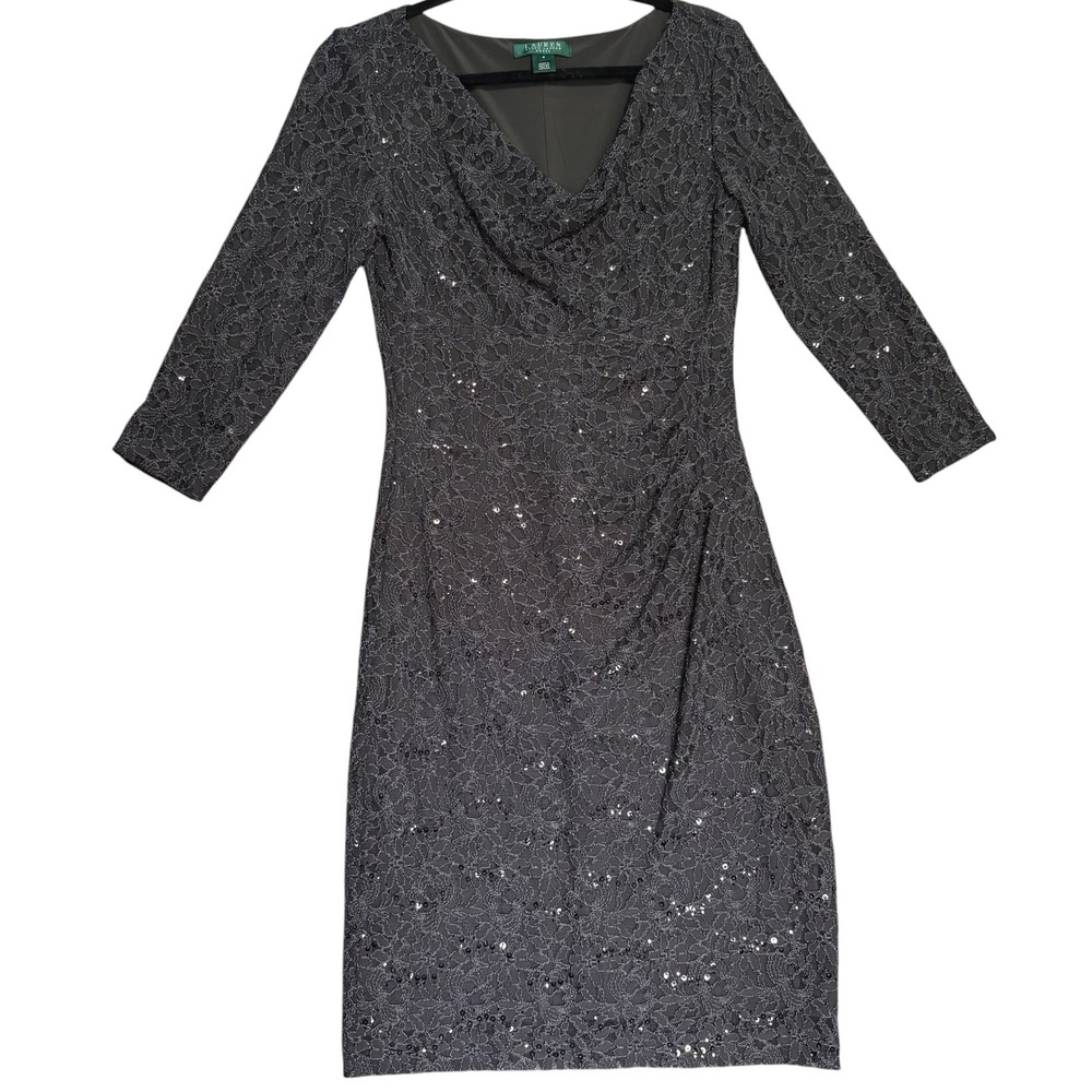 Lauren Ralph Sheath Dress Sequin Lace Cowl Neck Womens Size 4 Grey 3/4 Sleeve